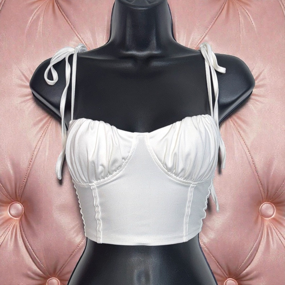 XS Stretchy White Ruched Bust Tie Strap Corset Crop Top Coquette Cute Bustier